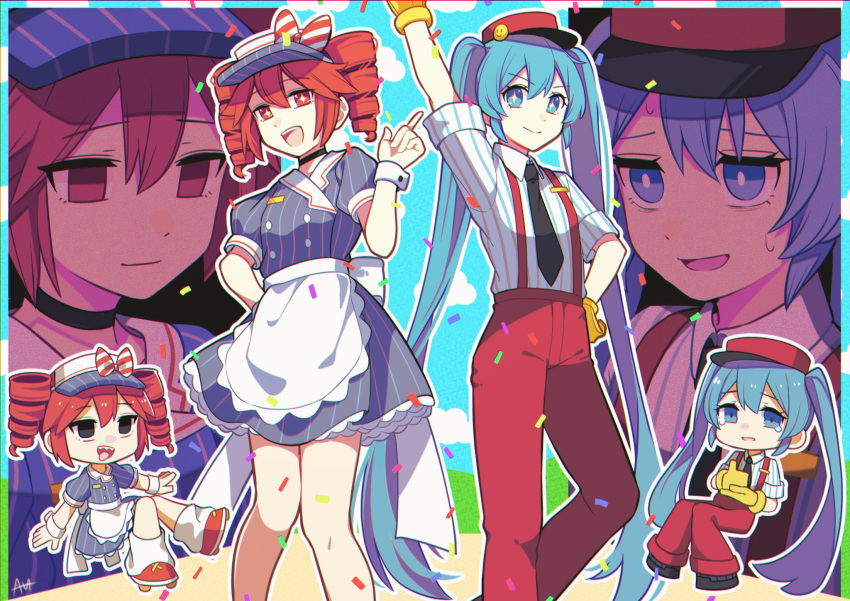 2girls, aqua_eyes, aqua_hair, bare_shoulders, black_eyes, blue_dress, blue_eyes, blue_hair