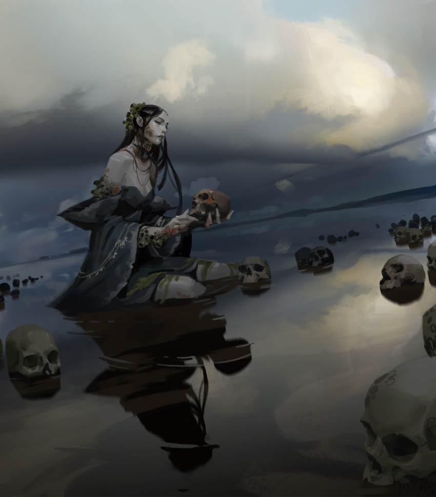 1girl, absurdres, algae, axelsauerwald, bare_shoulders, black_hair, blue_dress, breasts