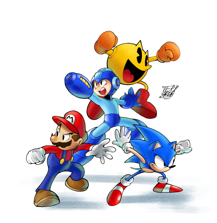 4boys, absurdres, arm_cannon, blue_overalls, brown_footwear, brown_hair, colored_skin, facial_hair