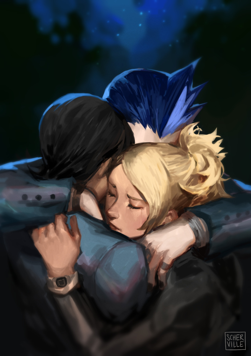 1girl, 2boys, black_hair, blonde_hair, blue_hair, closed_eyes, group_hug, highres