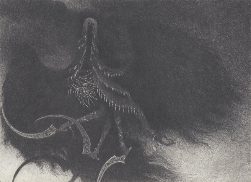 absurdres, allonnos, bloodborne, extra_arms, greyscale, highres, holding, holding_weapon