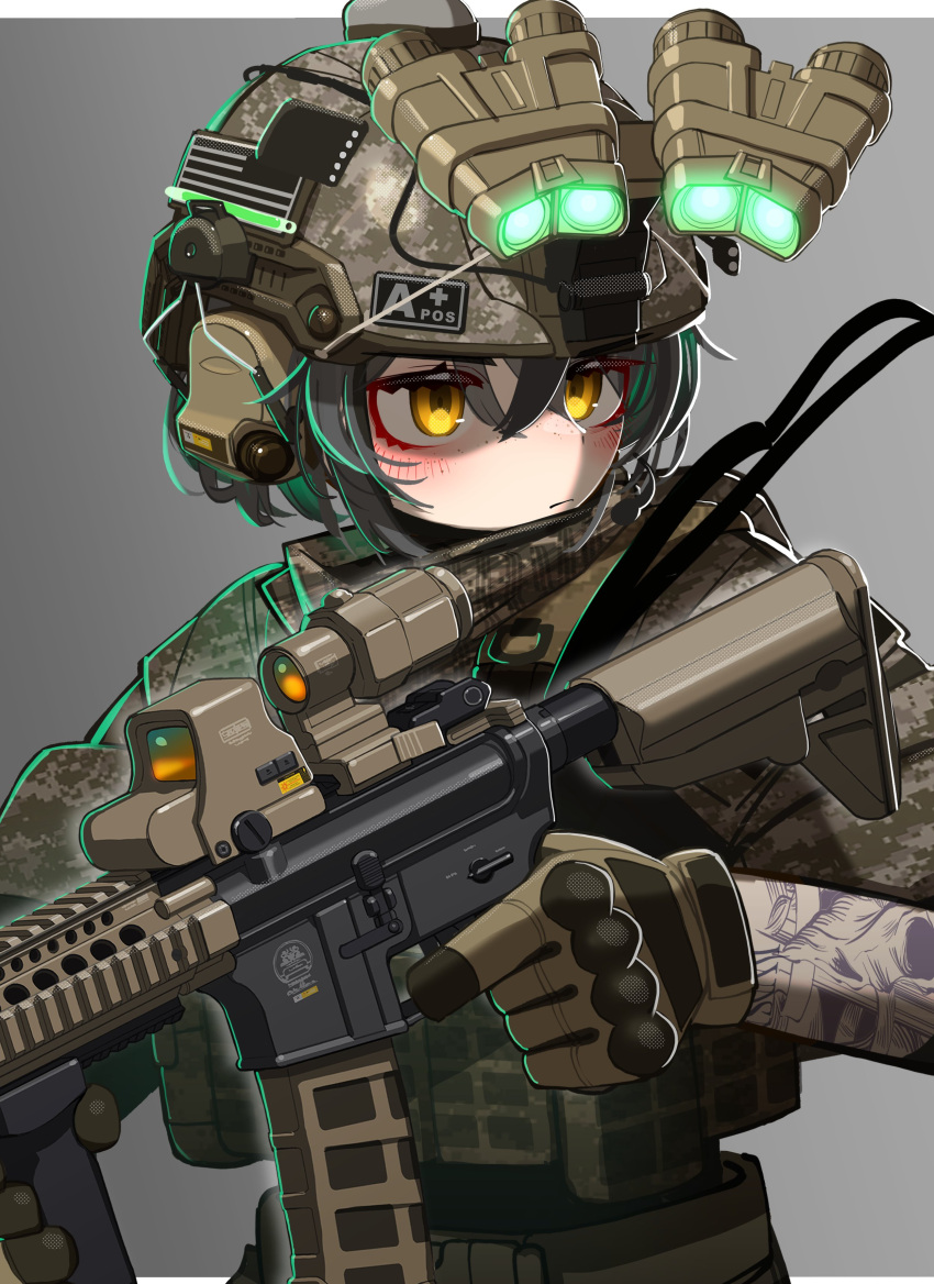 1girl, absurdres, american_flag, ammunition_pouch, ar-15, assault_rifle, black_hair, bulletproof_vest, cable, camouflage, camouflage_headwear, camouflage_jacket, combat_helmet, commentary_request, expressionless, freckles, gloves, green_gloves, grey_background, gun, helmet, highres, holding, holding_gun, holding_weapon, iwasawayuki, jacket, long_sleeves, magazine_(weapon), military_uniform, night_vision_device, original, pouch, rifle, short_hair, skull_print, solo, uniform, upper_body, weapon, yellow_eyes