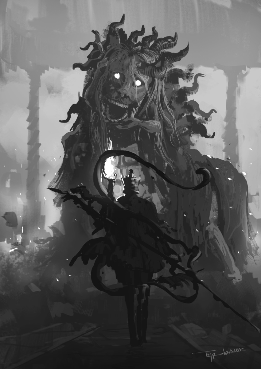 1boy, animal, artist_name, asymmetrical_horns, cloak, divine_beast_dancing_lion, elden_ring, elden_ring:_shadow_of_the_erdtree