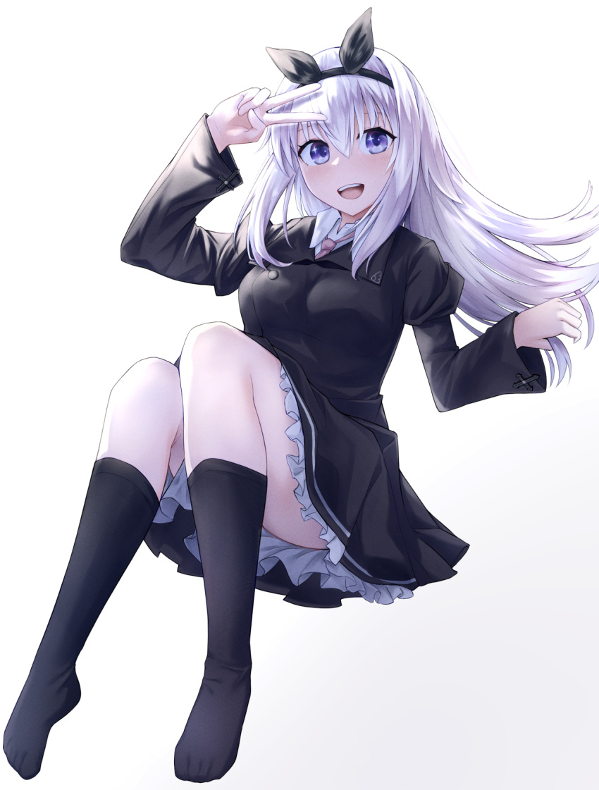 1girl, :d, black_dress, black_hairband, black_ribbon, black_socks, blush, collared_shirt