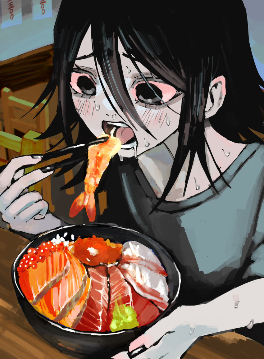 1girl, black_eyes, black_hair, bowl, chirashi_(food), chopsticks, colored_sclera, eating
