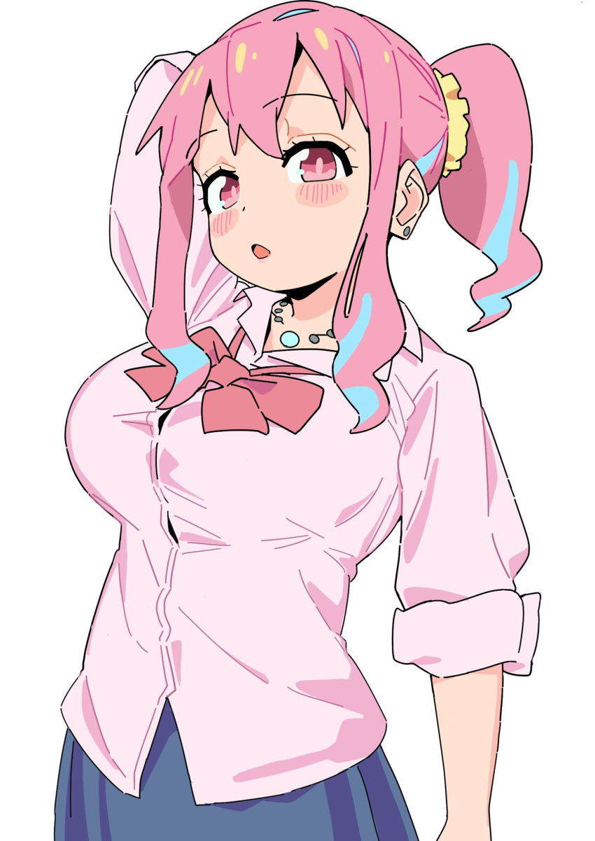1girl, arm_behind_head, blue_hair, blue_skirt, blush, bow, bowtie, collared_shirt