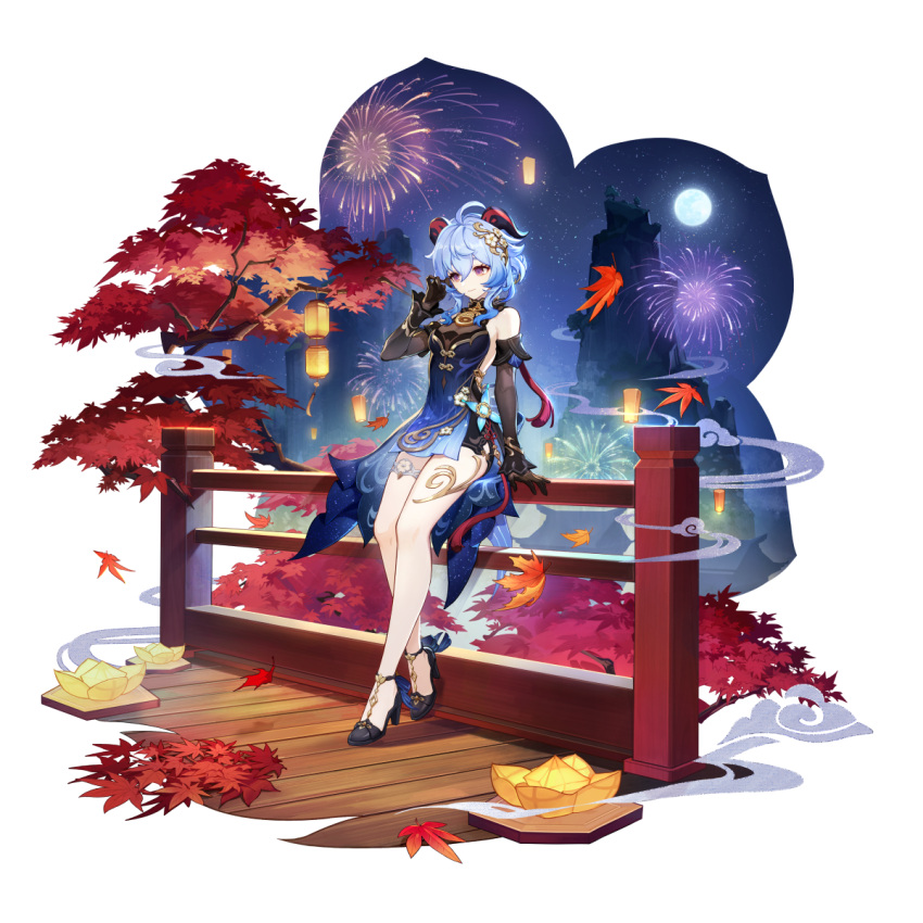1girl, ahoge, bare_shoulders, black_footwear, black_gloves, blue_hair, china_dress, chinese_clothes
