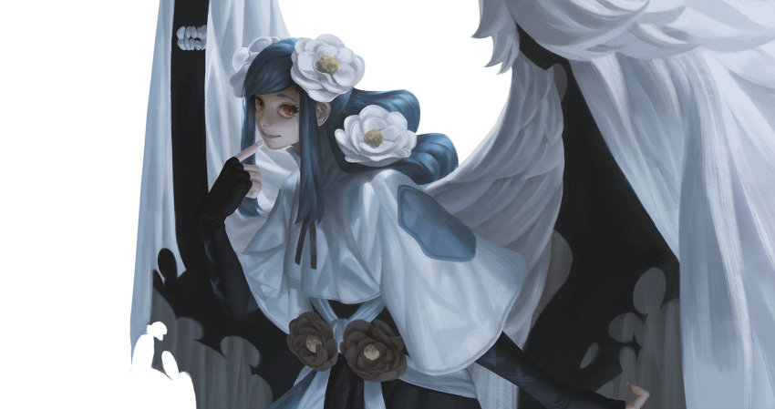 1girl, angel_wings, blue_hair, brown_eyes, cloak, dizzy_(guilty_gear), dress, eyelashes