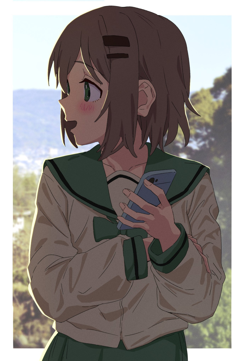 1girl, blush, brown_hair, cellphone, dlbl, fingernails, green_eyes, green_sailor_collar, green_skirt, hair_behind_ear, hair_ornament, hairclip, hand_on_own_arm, highres, holding, holding_phone, long_sleeves, open_mouth, phone, photo_background, profile, sailor_collar, school_uniform, serafuku, short_hair, sidelocks, skirt, smartphone, solo, white_serafuku, yama_no_susume, yukimura_aoi