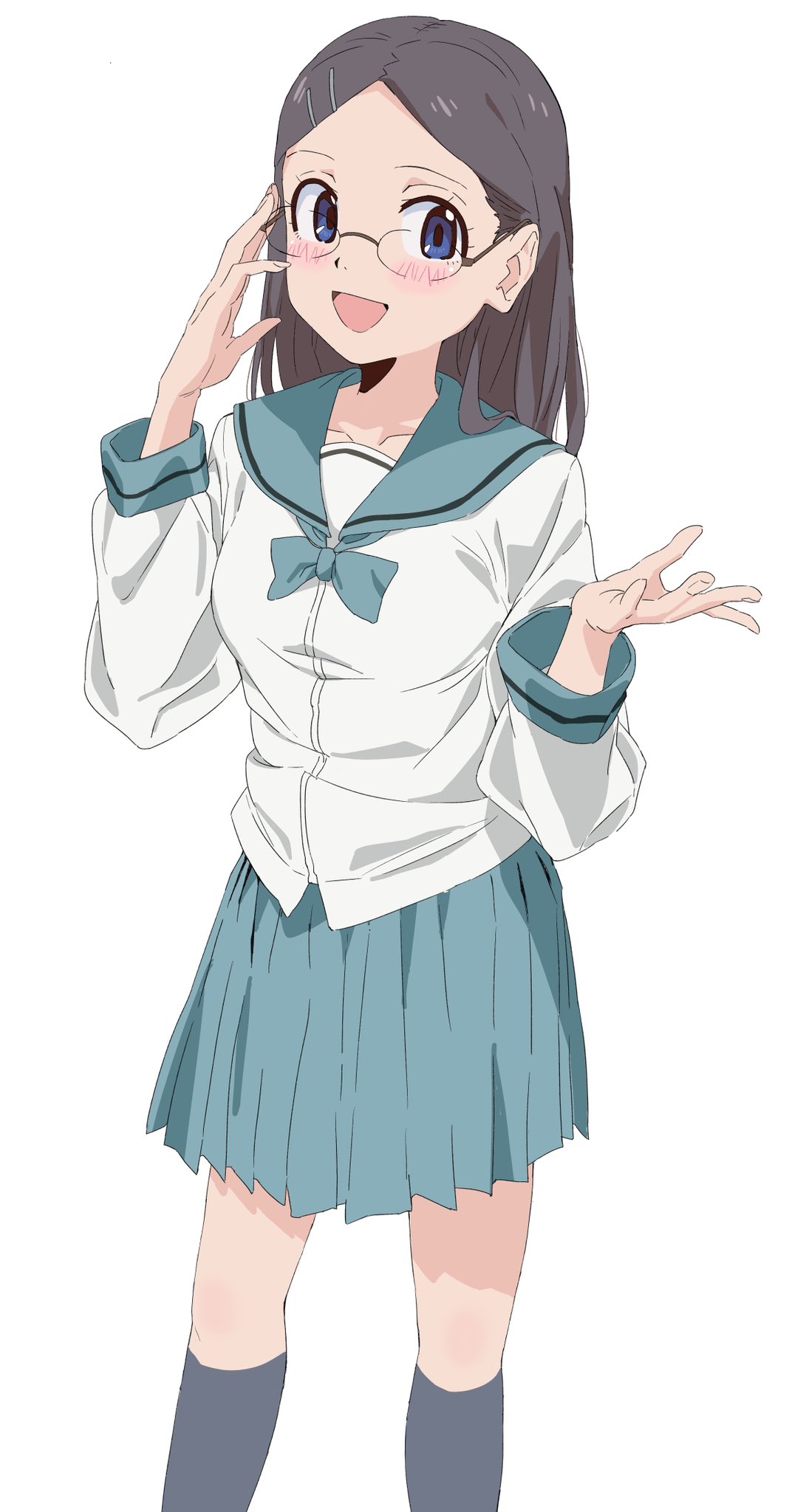 1girl, :d, adjusting_eyewear, black_hair, blue_eyes, blue_sailor_collar, blue_skirt, blush