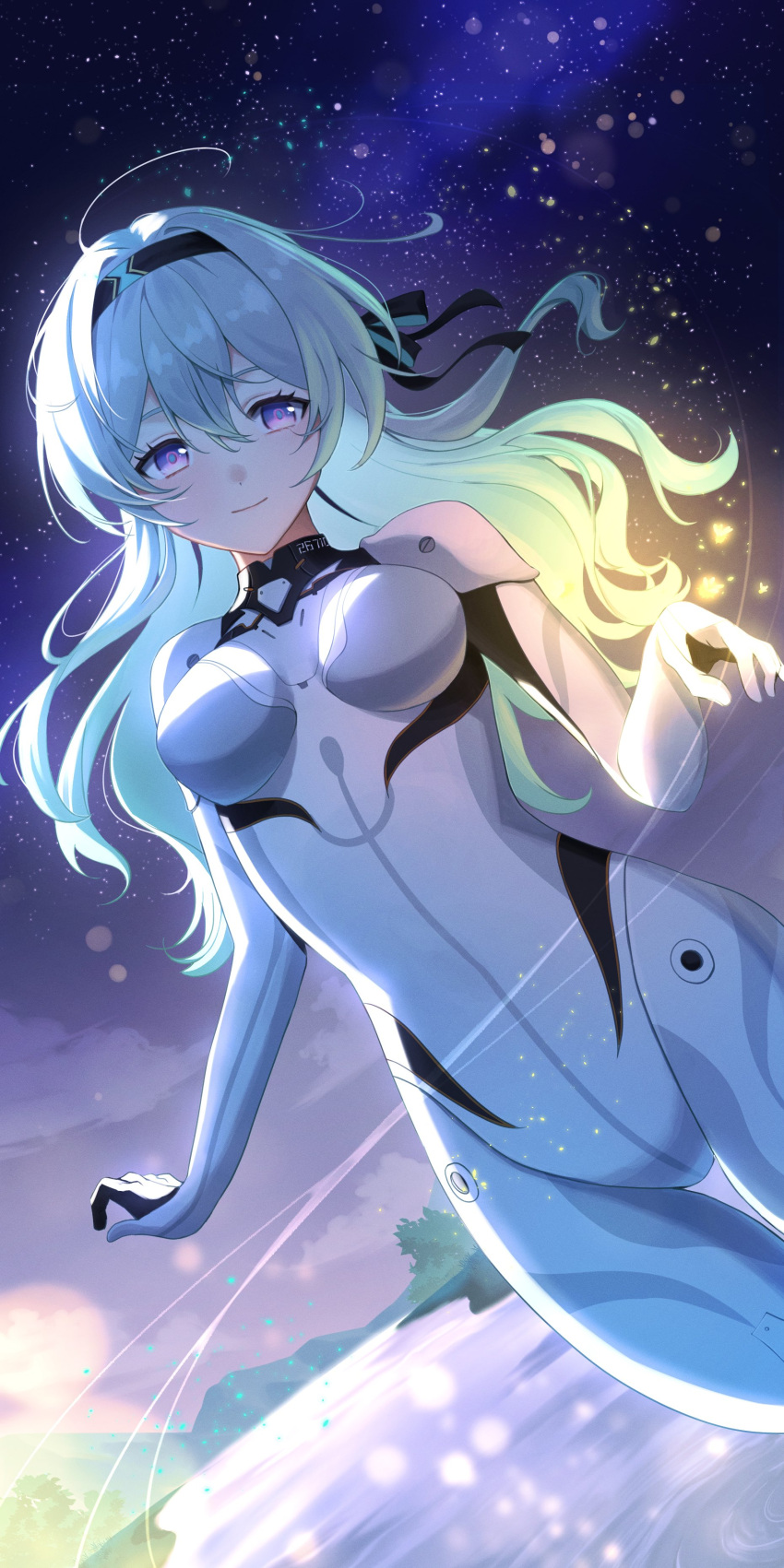 1girl, absurdres, black_hairband, bodysuit, breasts, closed_mouth, cowboy_shot, firefly_(ar-26710)_(honkai:_star_rail)