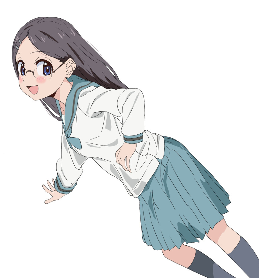 1girl, black_hair, blue_eyes, blue_sailor_collar, blue_skirt, blush, dlbl, glasses