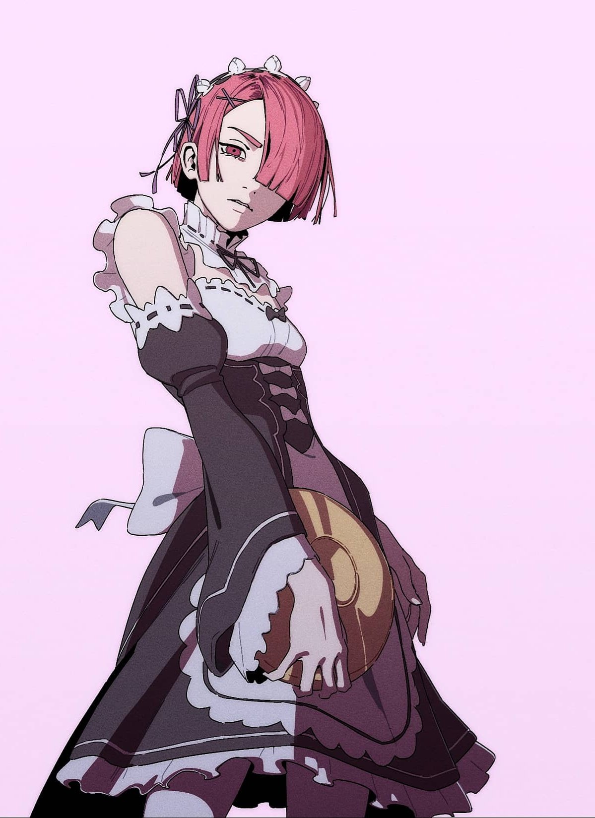1girl, breasts, detached_sleeves, dress, hair_ornament, hair_over_one_eye, hair_ribbon, highres