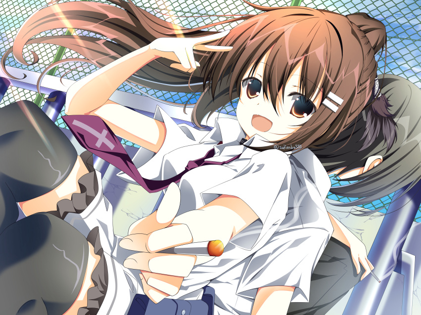 1boy, 1girl, :d, absurdres, back-to-back, black_hair, black_thighhighs, brown_eyes