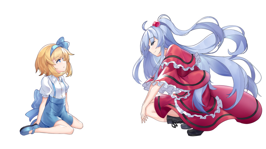 2girls, ahoge, alice_margatroid, alice_margatroid_(pc-98), back_bow, bare_arms, bare_legs, black_footwear