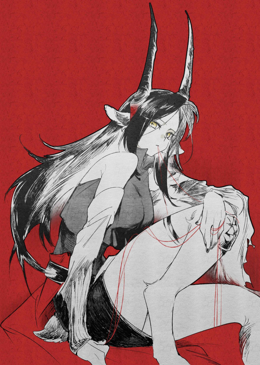 1girl, animal_ears, arknights, black_hair, cross-shaped_pupils, detached_sleeves, goat_ears, goat_girl, goat_horns, goat_legs, goat_tail, hand_on_own_knee, highres, horns, ines_(arknights), knee_up, ling_s, long_hair, miniskirt, partially_colored, red_background, sitting, skirt, sleeveless, solo, string, string_in_mouth, string_of_fate, symbol-shaped_pupils, yellow_eyes