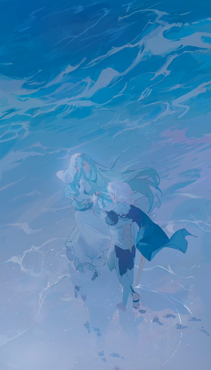 1boy, 1girl, armor, azura_(fire_emblem), barefoot, beach, blue_cape, blue_hair