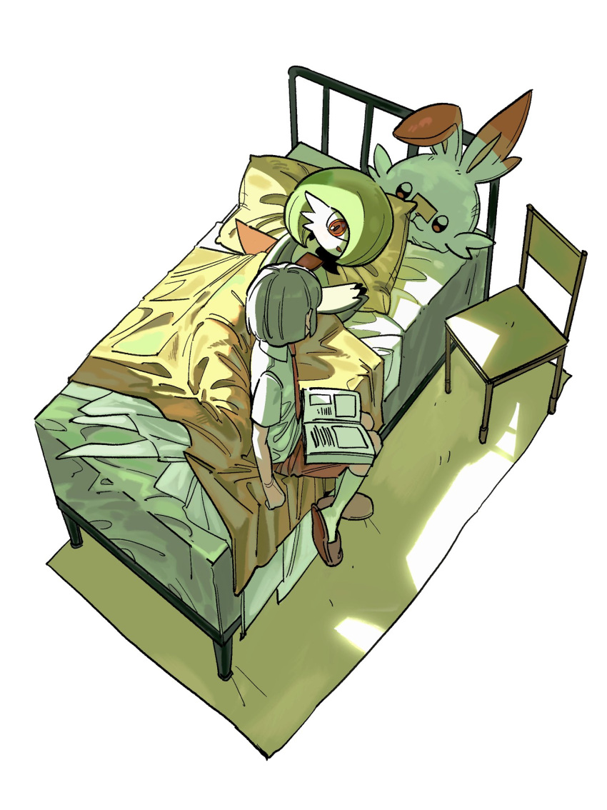 2girls, bed, book, brown_footwear, chair, collared_shirt, colored_skin, commentary_request