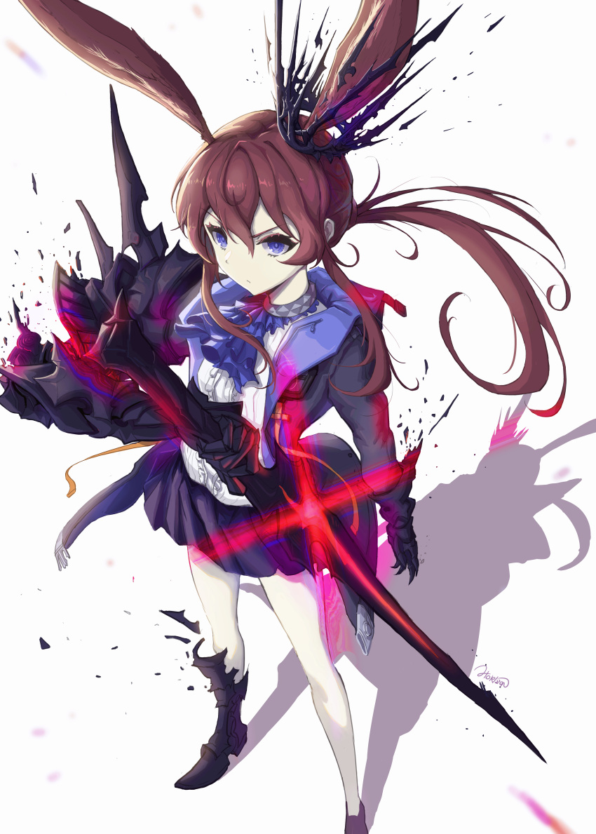 1girl, absurdres, acseus_tian_qiang_zuo, amiya_(arknights), animal_ears, arknights, ascot, black_jacket, blue_ascot, brown_hair, center_frills, chinese_commentary, closed_mouth, collar, commentary_request, english_commentary, foot_out_of_frame, frills, glaring, grey_collar, hair_between_eyes, highres, holding, holding_sword, holding_weapon, jacket, long_hair, long_sleeves, looking_at_viewer, magic, mixed-language_commentary, open_clothes, open_jacket, ponytail, rabbit_ears, rabbit_girl, shirt, signature, solo, standing, sword, two-sided_fabric, two-sided_jacket, violet_eyes, weapon, white_background, white_shirt