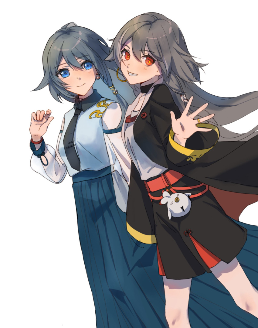 2girls, belt, black_choker, black_collar, black_jacket, black_necktie, blue_eyes, blue_shirt, blue_skirt, bracelet, chinese_commentary, choker, collar, collared_shirt, commentary_request, dual_persona, dutch_angle, fu_hua, fu_hua_(herrscher_of_sentience), grey_hair, hair_between_eyes, hair_ornament, hand_up, highres, honkai_(series), honkai_impact_3rd, jacket, jewelry, jingwei_(bird), kuliukunkunkunkunkunkunkun, light_smile, long_hair, long_skirt, long_sleeves, looking_at_another, multicolored_hair, multiple_girls, necktie, pleated_skirt, red_belt, red_eyes, ring, see-through, see-through_sleeves, shirt, skirt, smile, streaked_hair, stuffed_animal, stuffed_bird, stuffed_toy, walking, waving, white_background, white_shirt