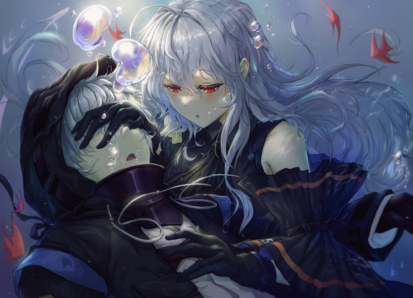 1boy, 1girl, absurdres, acseus_tian_qiang_zuo, arknights, bare_shoulders, black_dress, black_gloves