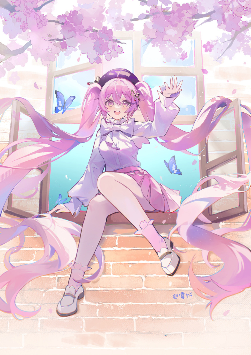 1girl, :d, absurdly_long_hair, absurdres, arm_up, blue_butterfly, bow, bowtie, branch, brick_wall, bug, butterfly, cherry_blossoms, cherry_hair_ornament, cherry_hat_ornament, commentary_request, food-themed_hair_ornament, full_body, hair_ornament, hat, hatsune_miku, highres, long_hair, long_sleeves, looking_at_viewer, open_mouth, open_window, pink_eyes, pink_skirt, pink_socks, pleated_skirt, purple_hat, sakura_miku, sakura_miku_(rella), shoes, sitting, skirt, smile, socks, solo, twintails, very_long_hair, vocaloid, white_bow, white_bowtie, white_footwear, window, yuki_(miyuki_kii)