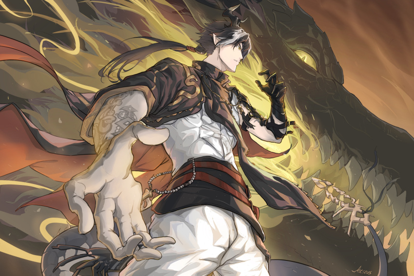1boy, absurdres, acseus_tian_qiang_zuo, arknights, arm_tattoo, beads, brown_hair, chinese_clothes