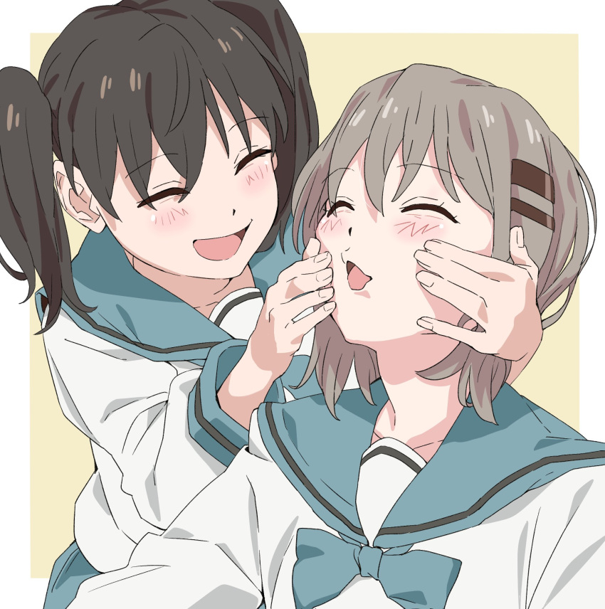2girls, black_hair, blue_bow, blue_bowtie, blue_sailor_collar, blue_skirt, blush, bow