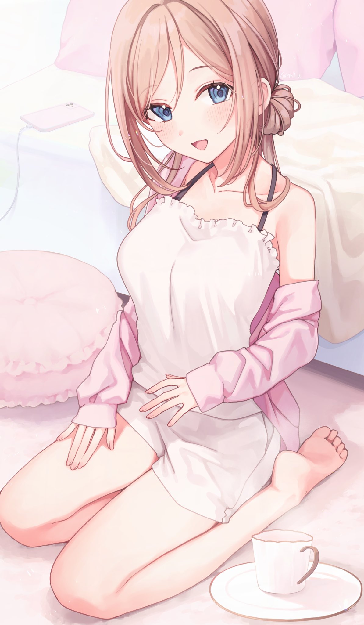 1girl, :d, bare_shoulders, barefoot, blue_eyes, blush, breasts, brown_hair, cardigan, cellphone, collarbone, commentary_request, cup, feet, full_body, gakuen_idolmaster, hair_bun, hair_over_shoulder, hand_on_own_thigh, happy, highres, himesaki_rinami, idolmaster, indoors, kashuu_(pixiv_66328082), lap_pillow_invitation, large_breasts, long_hair, looking_at_viewer, on_floor, open_cardigan, open_clothes, open_mouth, parted_bangs, phone, pink_cardigan, shirt, shorts, single_hair_bun, sitting, sleeveless, sleeveless_shirt, sleeves_past_wrists, smartphone, smile, soles, solo, spaghetti_strap, teacup, toes, wariza, white_shirt, white_shorts