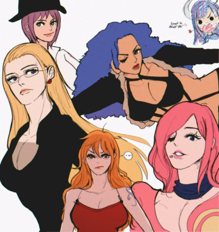 6+girls, arm_tattoo, blonde_hair, blue_hair, carina_(one_piece), cropped_jacket, dr000mi, dress
