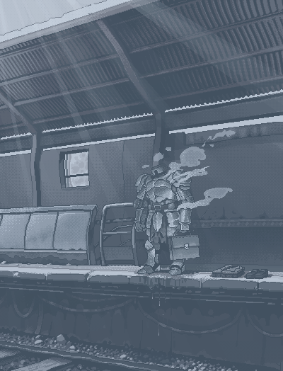 armor, armored_boots, belt, blazer, boots, briefcase, corrugated_galvanized_iron_sheet, dithering