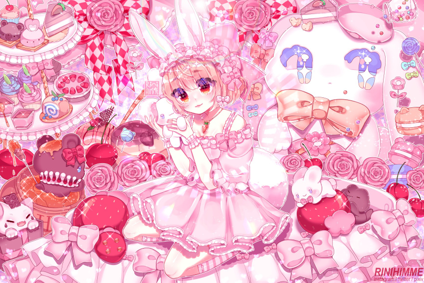 1girl, absurdres, animal, animal_ears, artist_name, bear, bow, cake