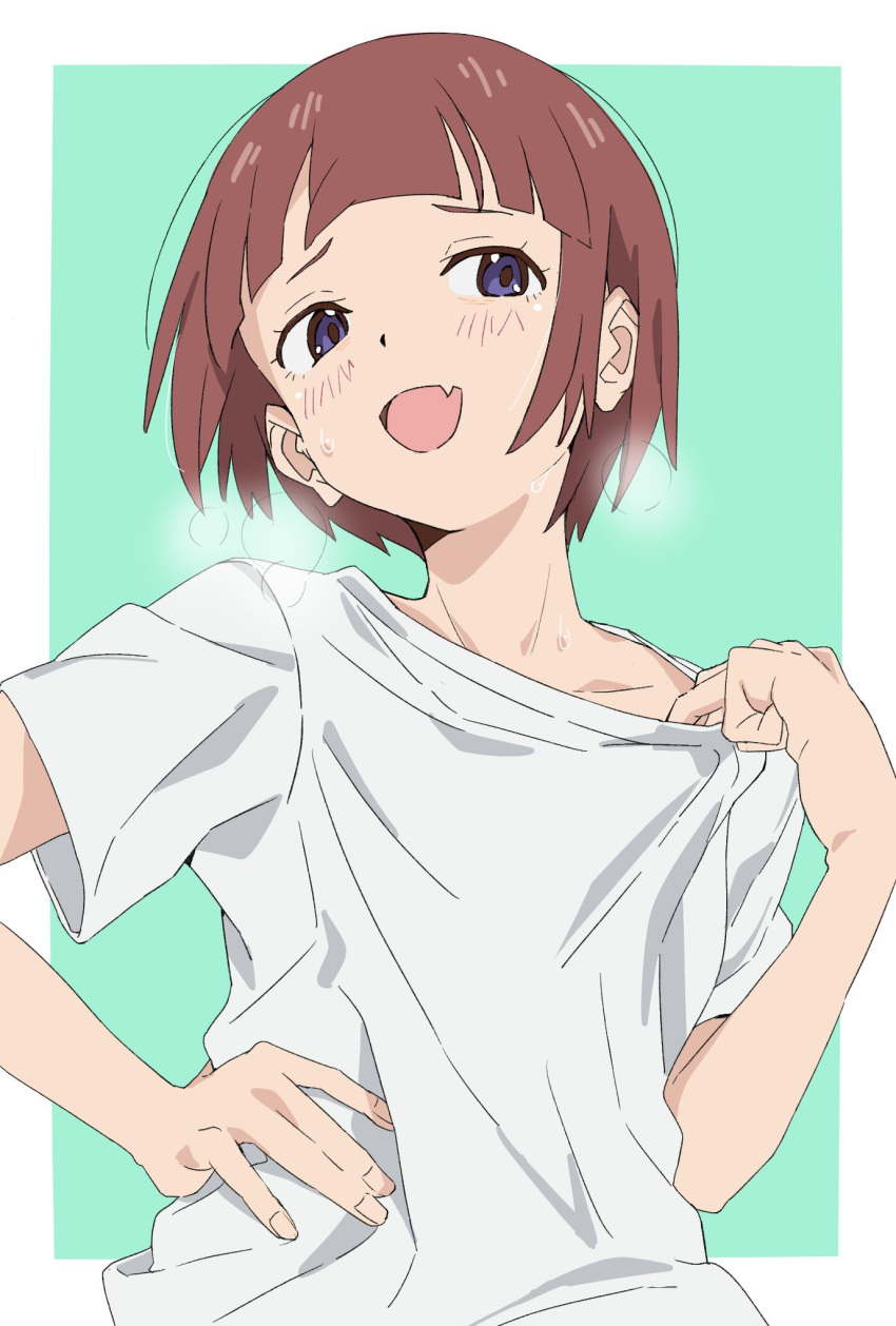 1girl, blue_eyes, blunt_bangs, blush, brown_hair, collar_tug, collarbone, commentary_request