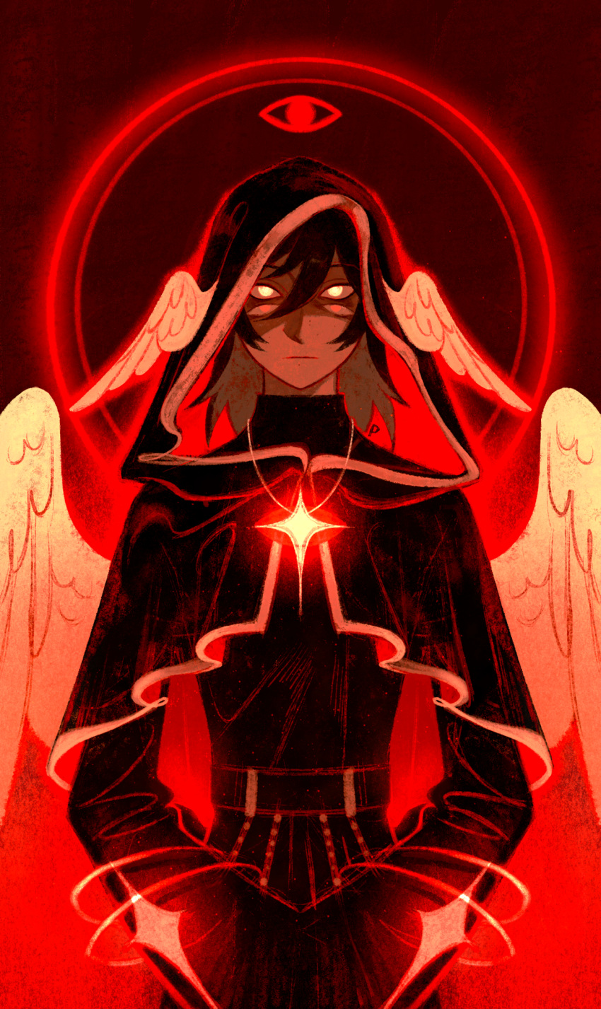 1boy, angel_wings, black_cape, black_hair, black_hood, black_shirt, black_skirt, blank_eyes