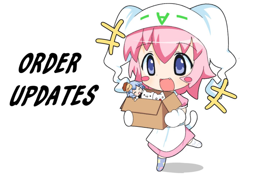 2girls, apron, bisuke-tan, blush_stickers, box, cardboard_box, chibi, chibi_only