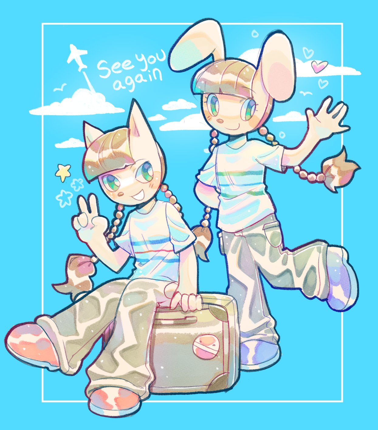 2girls, aircraft, airplane, animal_ears, bemani, blue_background, border, braid