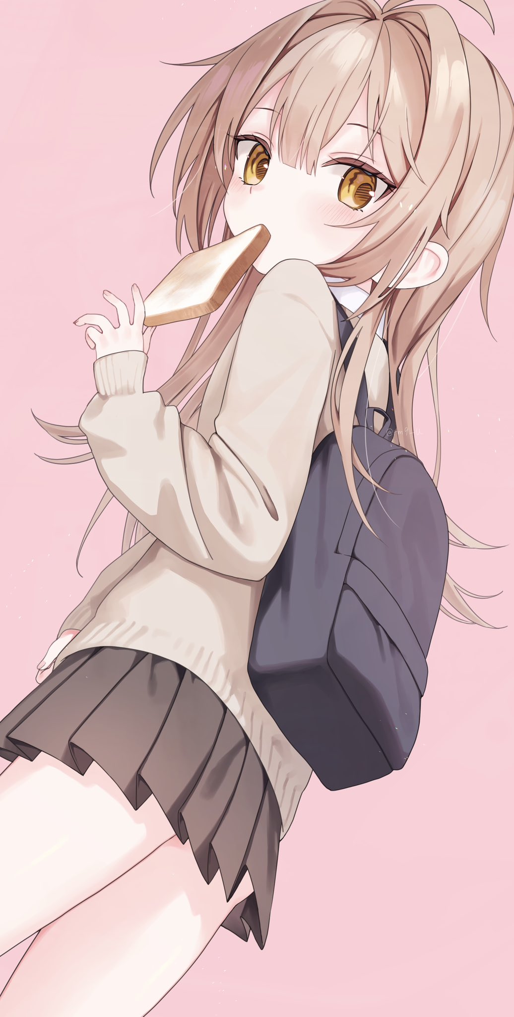 1girl, ahoge, backpack, bag, black_bag, blunt_bangs, blush, bread
