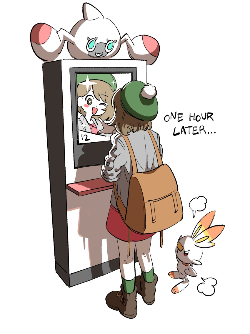 +_+, 1girl, ;d, backpack, bag, blush_stickers, boots, brown_bag, brown_footwear, cardigan, commentary_request, dress, english_text, gloria_(pokemon), green_hat, green_socks, grey_cardigan, hat, highres, kneepits, korean_commentary, one_eye_closed, open_mouth, pokemon, pokemon_(creature), pokemon_swsh, rotomi, scorbunny, smile, socks, standing, tam_o'_shanter, vpfjfevol, white_background