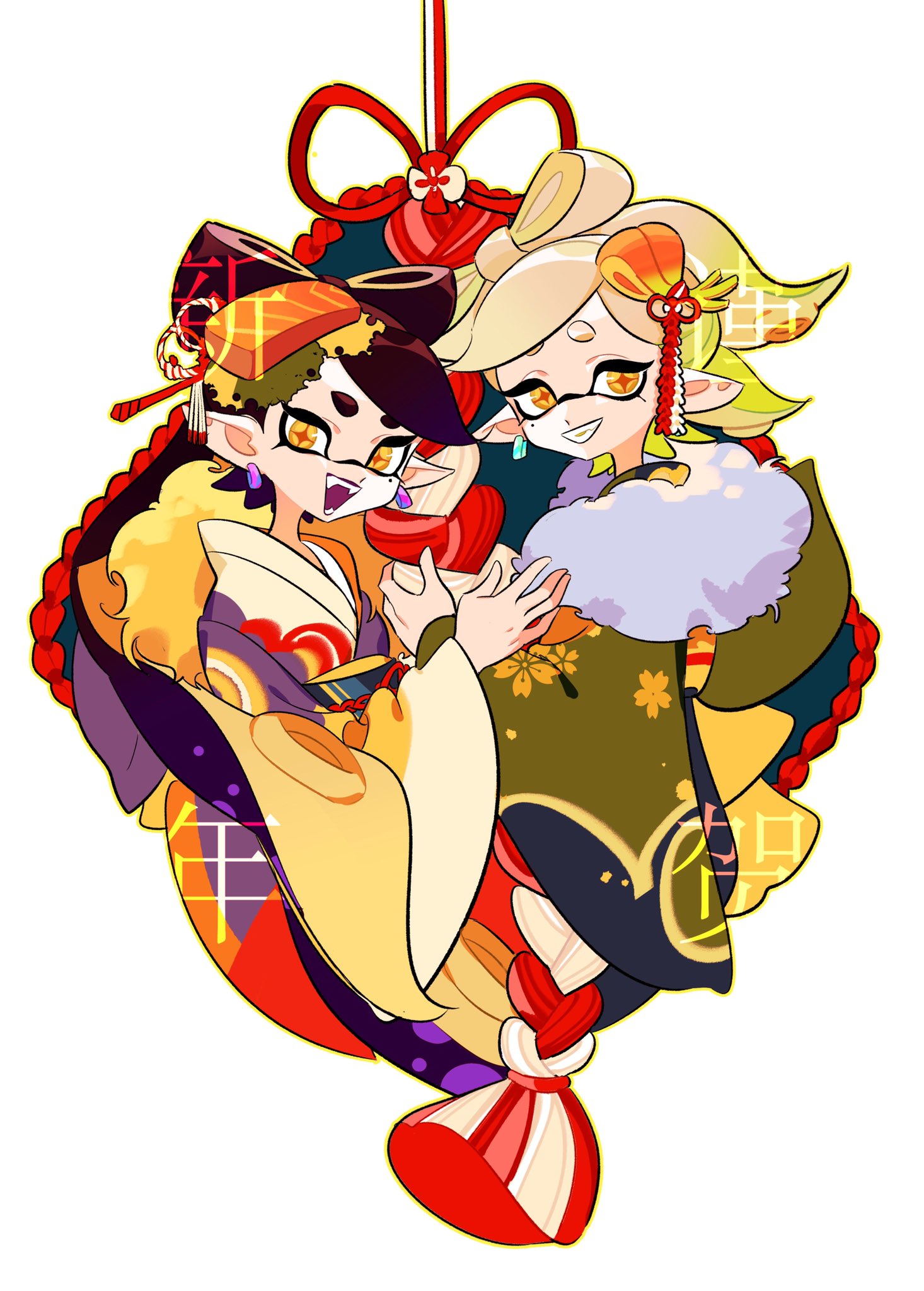 2girls, bell_ringing, biting_tongue, border, callie_(splatoon), food-themed_hair_ornament, fur-trimmed_collar, fur_trim, furisode, grin, hair_ornament, hand_up, happy, highres, japanese_clothes, jiuniaoshan, kimono, looking_to_the_side, marie_(splatoon), multicolored_clothes, multicolored_kimono, multiple_girls, ornate_border, outline, outside_border, portrait, simple_background, smile, splatoon_(series), white_background, yellow_outline