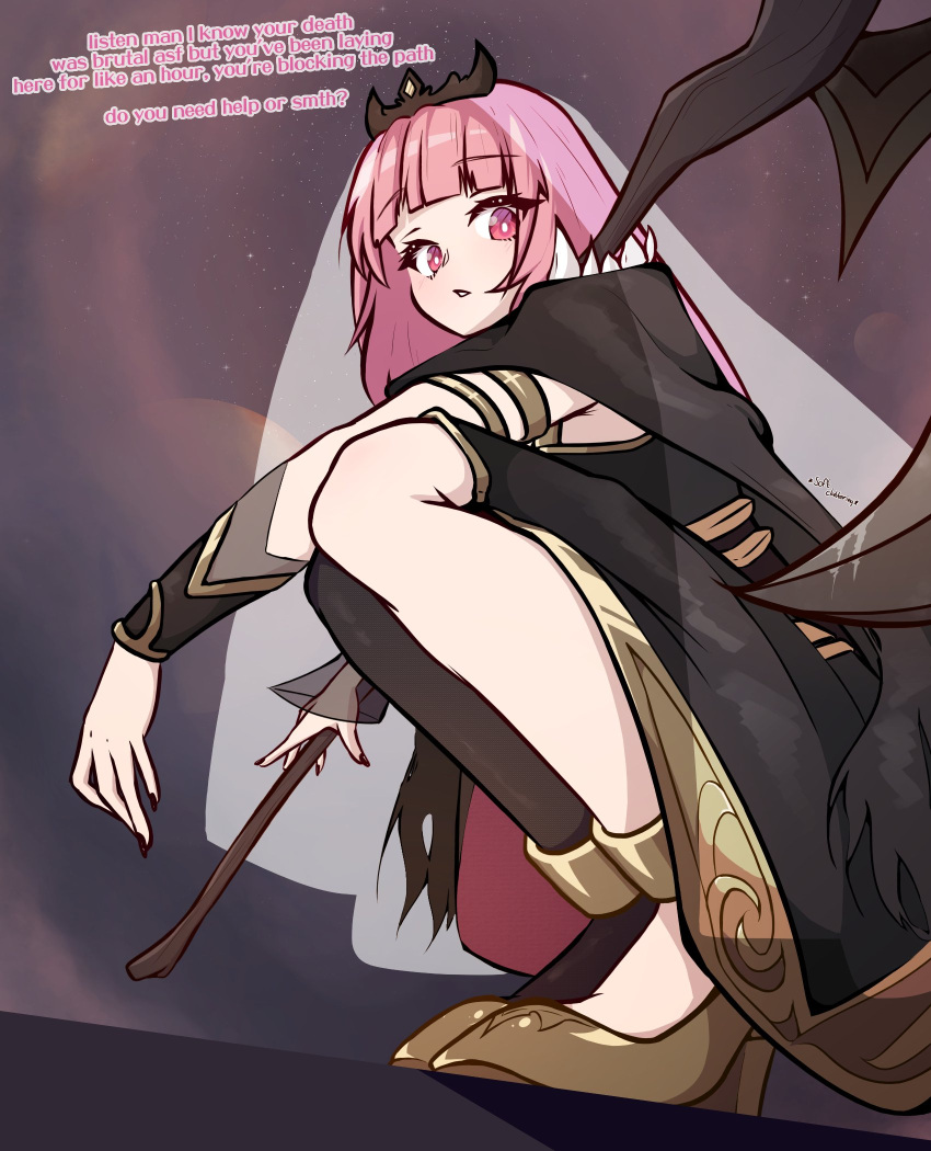 1girl, armlet, black_cape, black_dress, black_nails, blunt_bangs, cape, chestnut_mouth