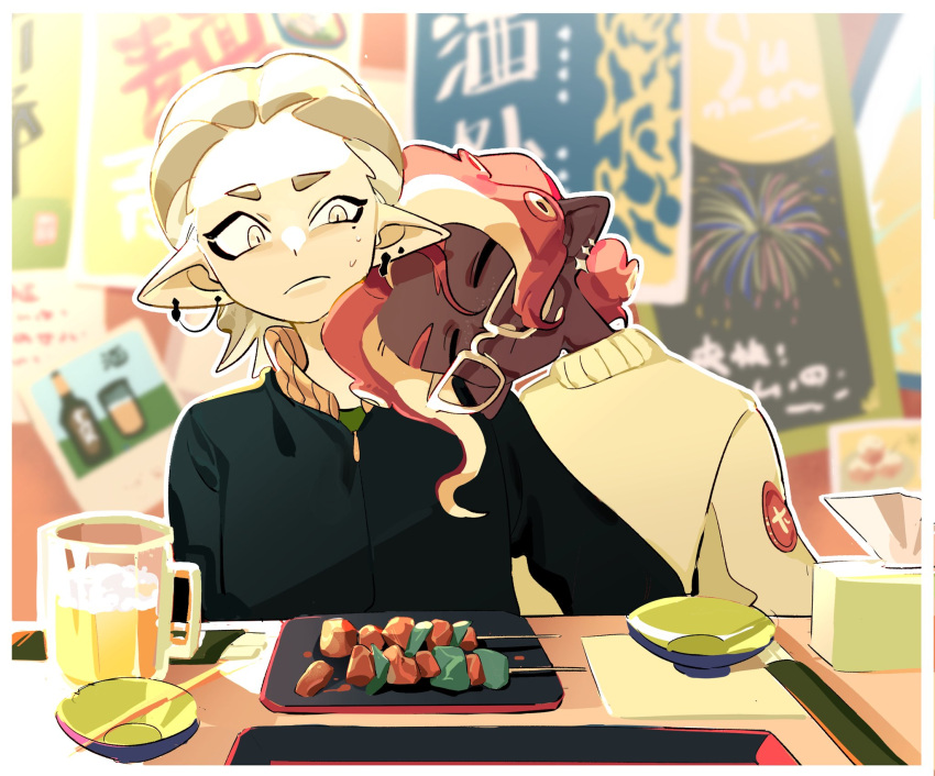 2boys, :/, alcohol, beer, beer_mug, black_jacket, border, chain