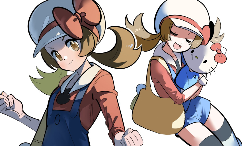 1girl, :d, blue_overalls, bow, brown_eyes, brown_hair, clenched_hands, closed_eyes, closed_mouth, commentary, eyelashes, hat, hat_bow, hello_kitty, highres, long_hair, lyra_(pokemon), multiple_views, open_mouth, overalls, pokemon, pokemon_hgss, red_bow, red_shirt, sanrio, shirt, simple_background, smile, symbol-only_commentary, thigh-highs, twintails, vpfjfevol, white_background, white_hat, white_thighhighs, yellow_bag