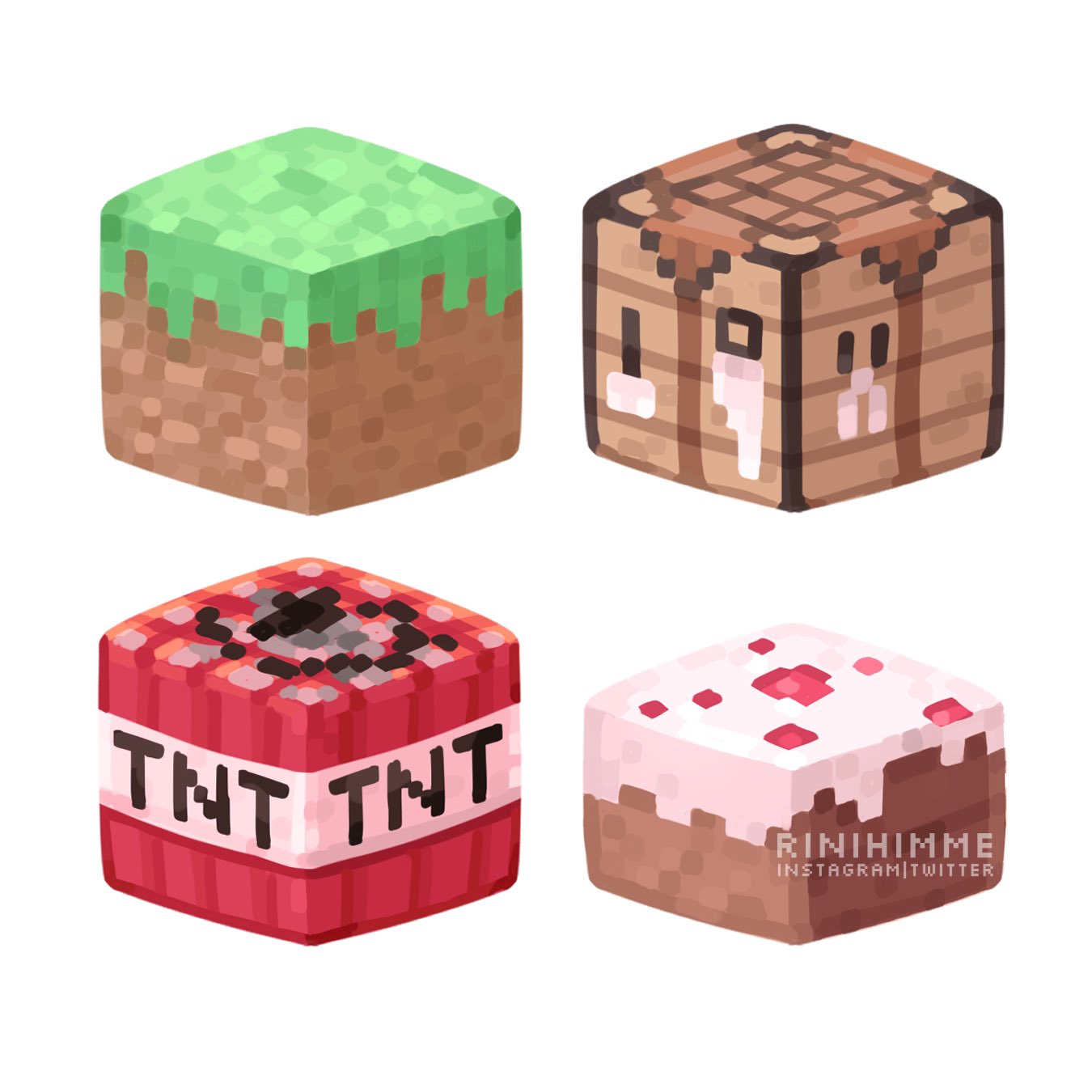 artist_name, block_(minecraft), block_(object), cake, cake_(minecraft), commentary, crafting_table_(minecraft), cube, dirt, english_commentary, explosive, food, grass, highres, minecraft, no_humans, object_focus, official_style, rinihimme, simple_background, tnt, tnt_block_(minecraft), watermark, white_background
