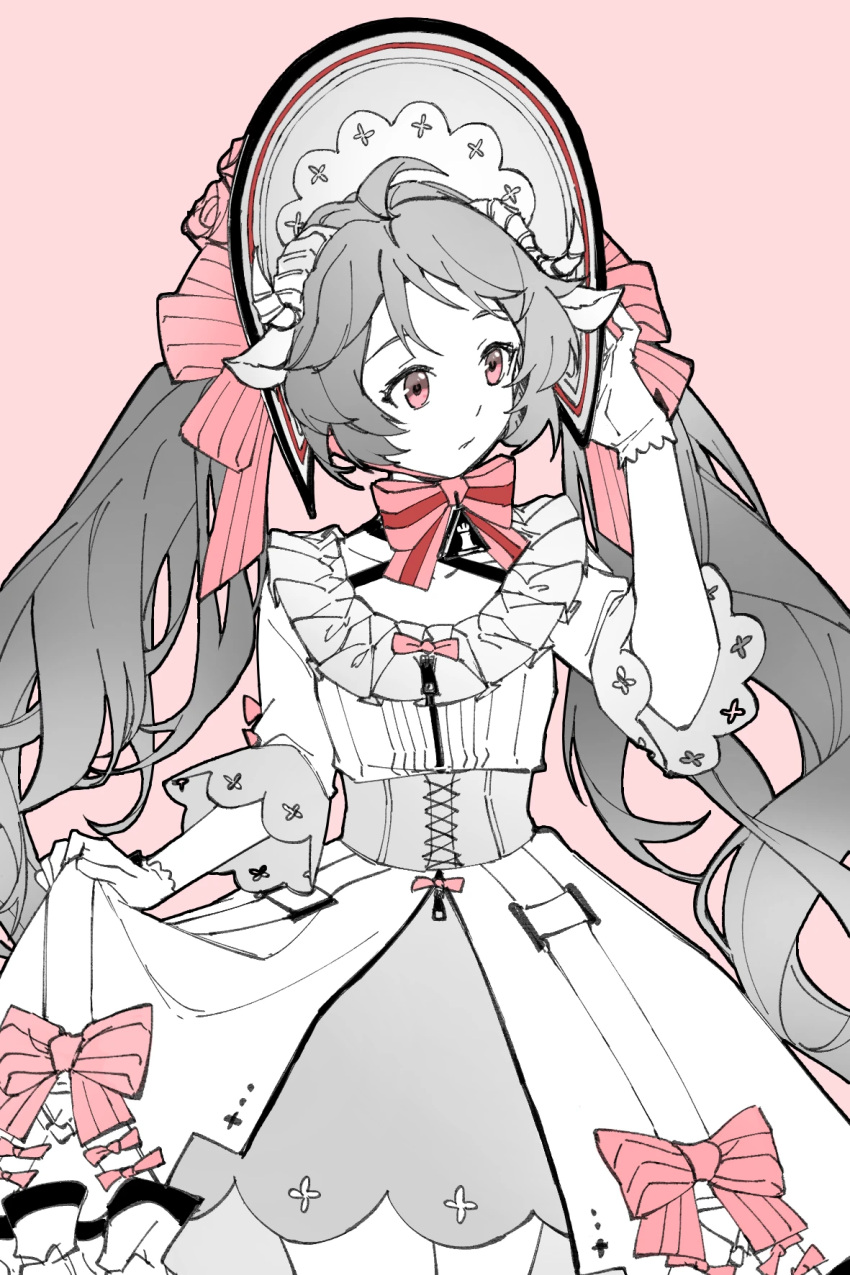 1girl, animal_ears, arknights, arm_up, bow, chinese_commentary, closed_mouth, commentary_request, cowboy_shot, dress, dress_bow, eyjafjalla_(arknights), hair_bow, highres, lolita_fashion, long_hair, looking_to_the_side, partial_commentary, partially_colored, piaoliu_ping_ping_ping_pingzi, pink_background, pink_bow, pink_eyes, short_sleeves, simple_background, skirt_hold, solo, standing, underbust