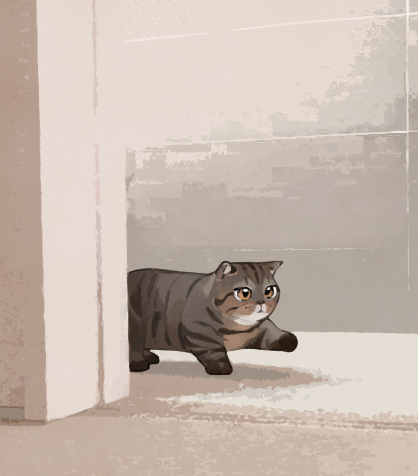 animal, animal_focus, brown_cat, brown_eyes, cat, closed_mouth, commentary_request, gentlecat, highres, indoors, korean_commentary, munchkin_cat, no_humans, original, photo-referenced, standing, striped_fur, three_quarter_view, walking