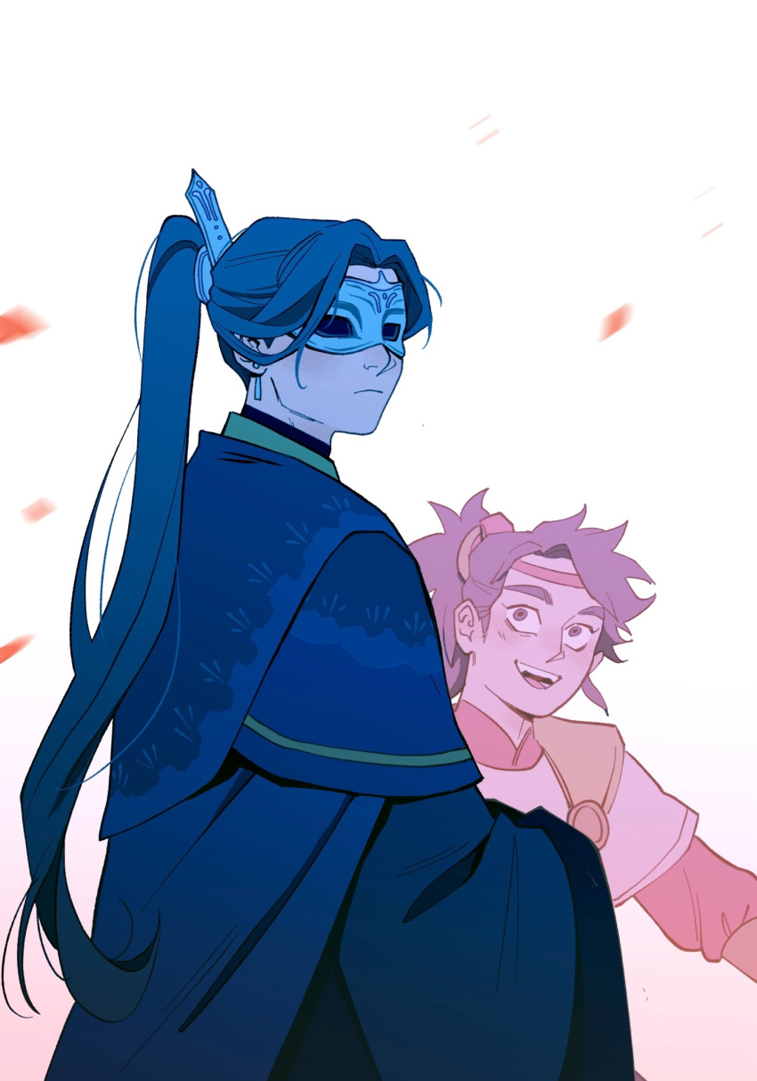 2boys, blue_hair, blue_hanfu, blue_robe, bonesbunns, brown_eyes, child, chinese_clothes, closed_mouth, commentary, dangle_earrings, earrings, eye_mask, frown, hair_ornament, hanfu, high_ponytail, highres, jewelry, lang_qianqiu, layered_sleeves, long_hair, long_sleeves, looking_at_another, male_focus, mask, messy_hair, multiple_boys, open_mouth, petals, pinyin_commentary, ponytail, print_robe, purple_hair, red_hanfu, robe, simple_background, smile, teacher_and_student, tianguan_cifu, upper_body, very_long_hair, white_background, wide_sleeves, xiao_guan_(headdress), xie_lian