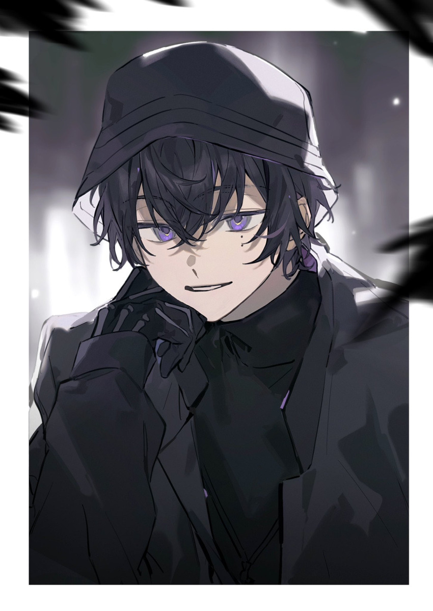 18trip, 1boy, black_gloves, black_hair, black_hat, black_jacket, black_shirt, border