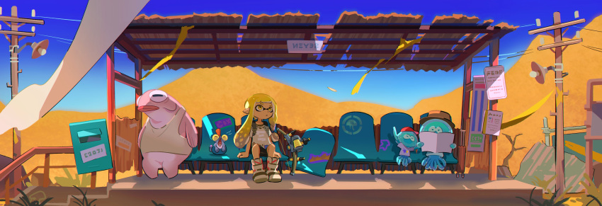 1girl, 3others, absurdres, agent_3_(splatoon_3), artistic_error, blonde_hair, blue_sky, boots