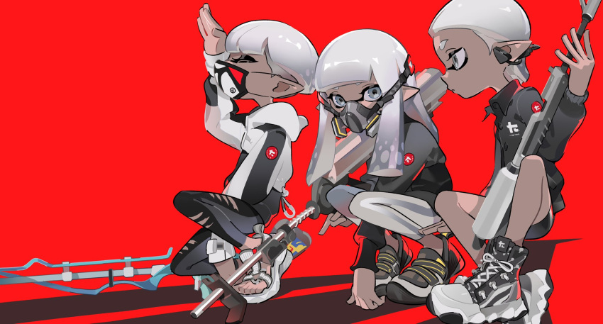 1boy, 1girl, 1other, arm_between_legs, backlighting, blunt_bangs, bowl_cut, eyeshadow