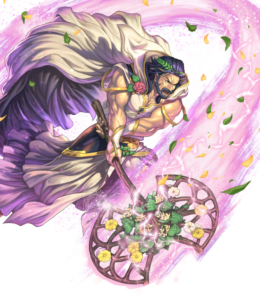 1boy, axe, beard, blue_hair, cape, facial_hair, fighting_stance, fire_emblem